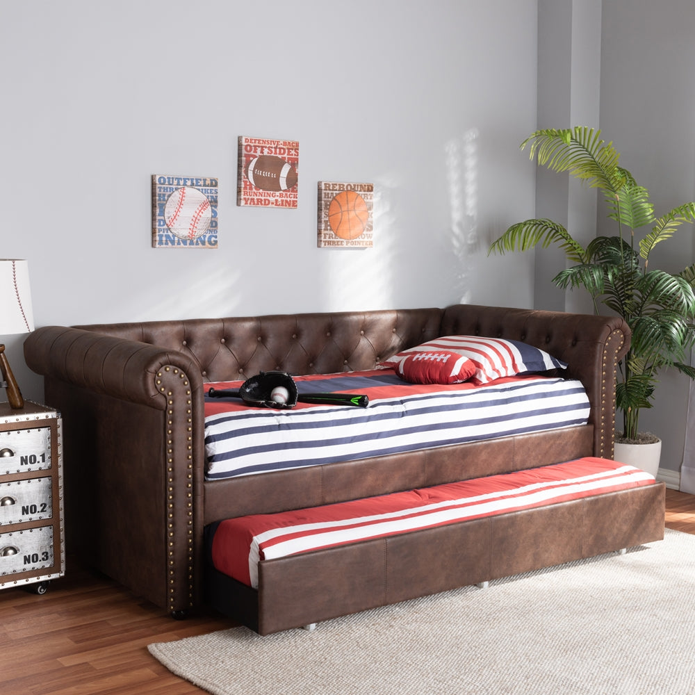 Mabelle Brown Faux Leather Upholstered Daybed with Trundle