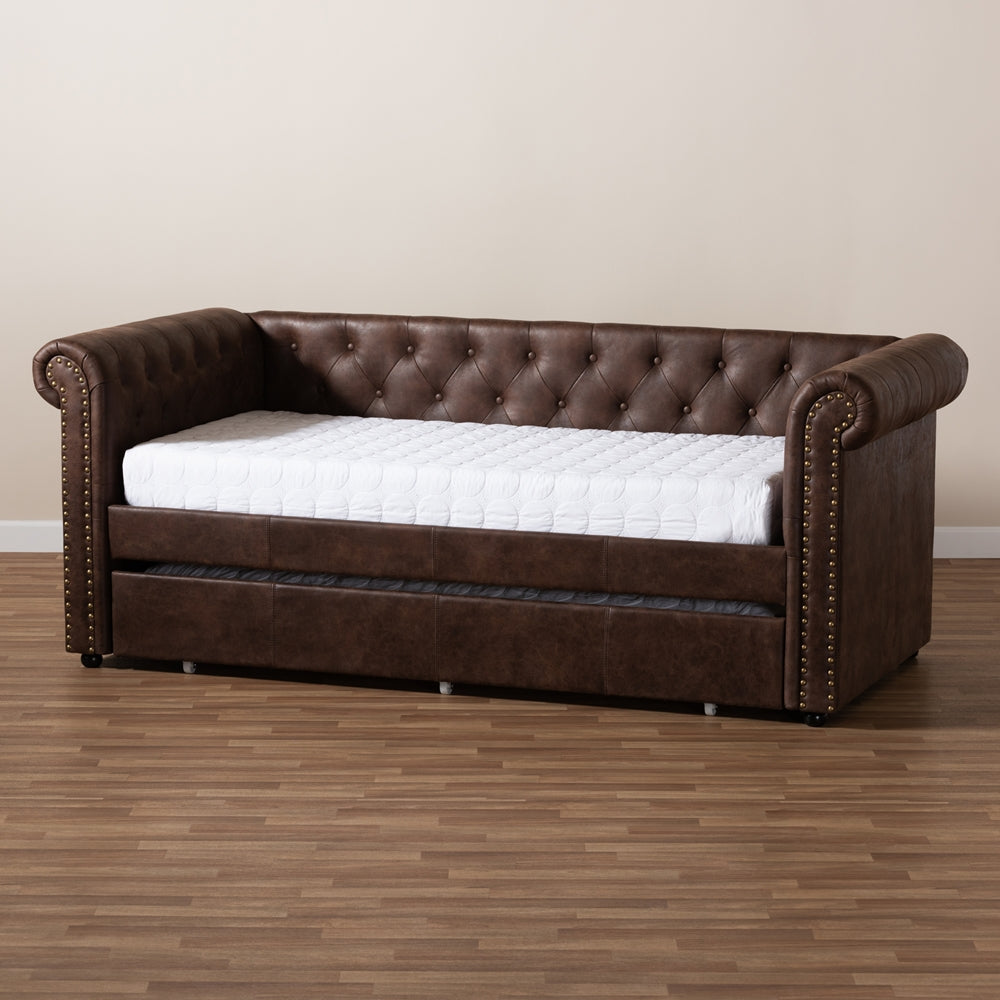 Mabelle Brown Faux Leather Upholstered Daybed with Trundle