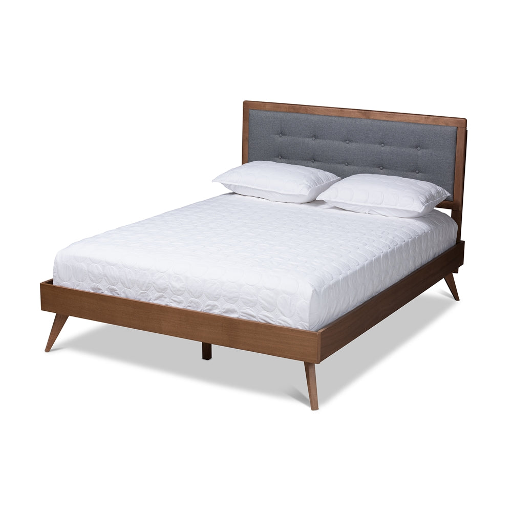 Ines Queen Bed Dark Grey Upholstery Walnut Finish Mid-Century Style