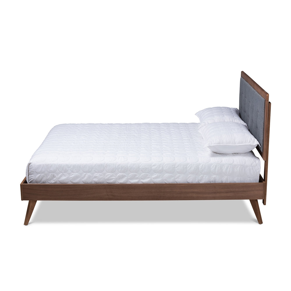 Ines Queen Bed Dark Grey Upholstery Walnut Finish Mid-Century Style