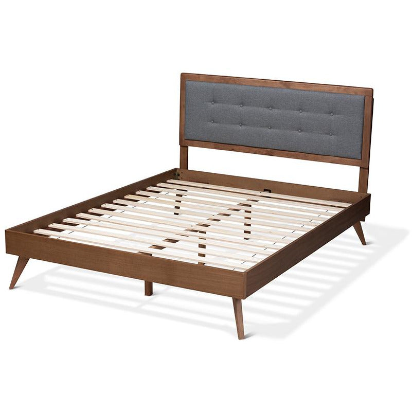 Ines Full Bed Dark Grey Fabric Walnut Finish Mid-Century Style