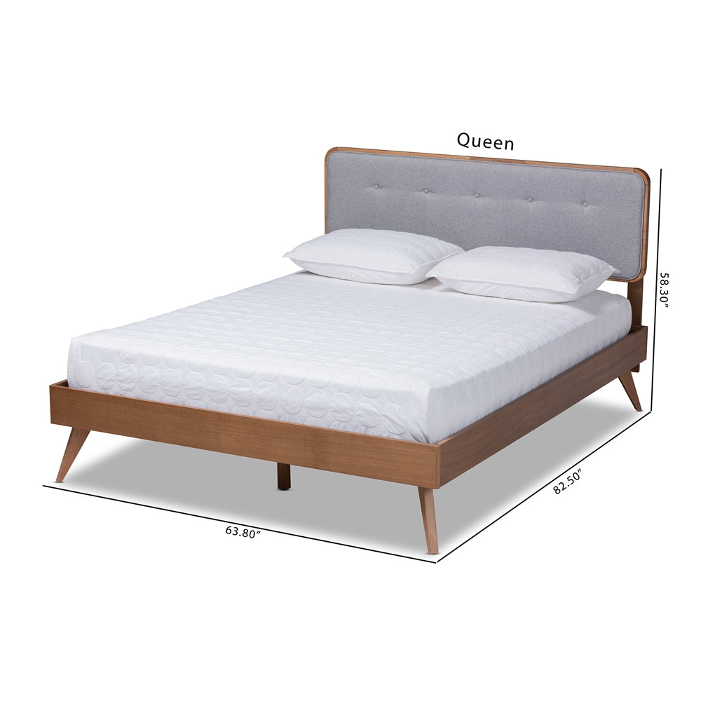 Dilara Queen Bed Light Grey Fabric Walnut Brown Mid-Century Modern