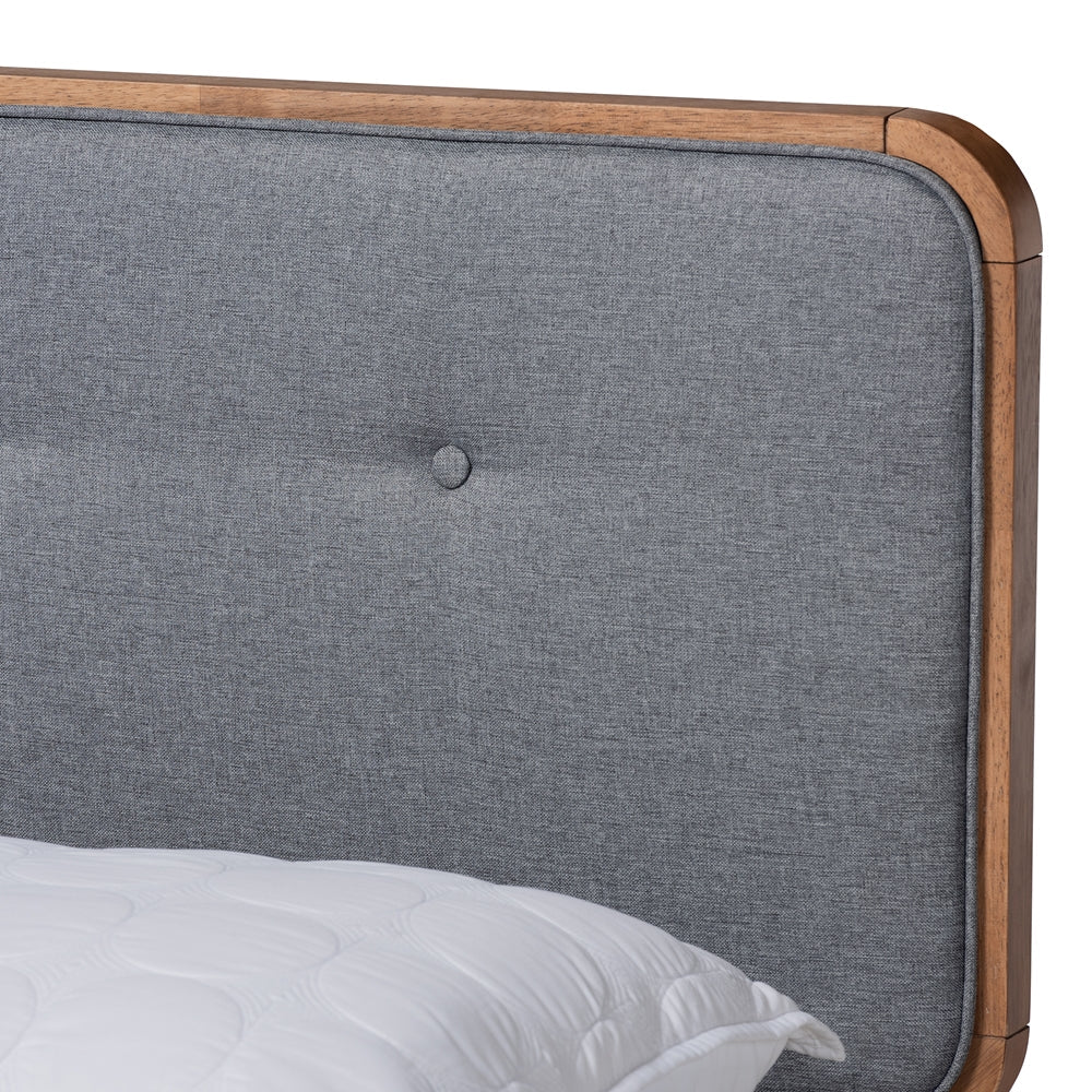 Natalia Queen Bed Dark Grey Fabric, Ash Walnut Mid-Century Modern