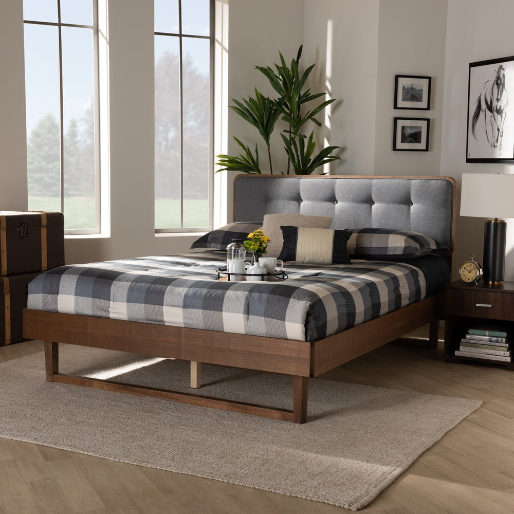 Natalia Full Bed Dark Grey Fabric & Ash Walnut Mid-Century Design