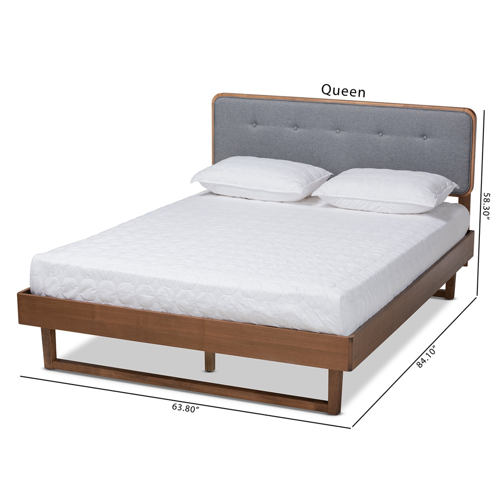 Natalia Queen Bed Dark Grey Fabric, Ash Walnut Mid-Century Modern