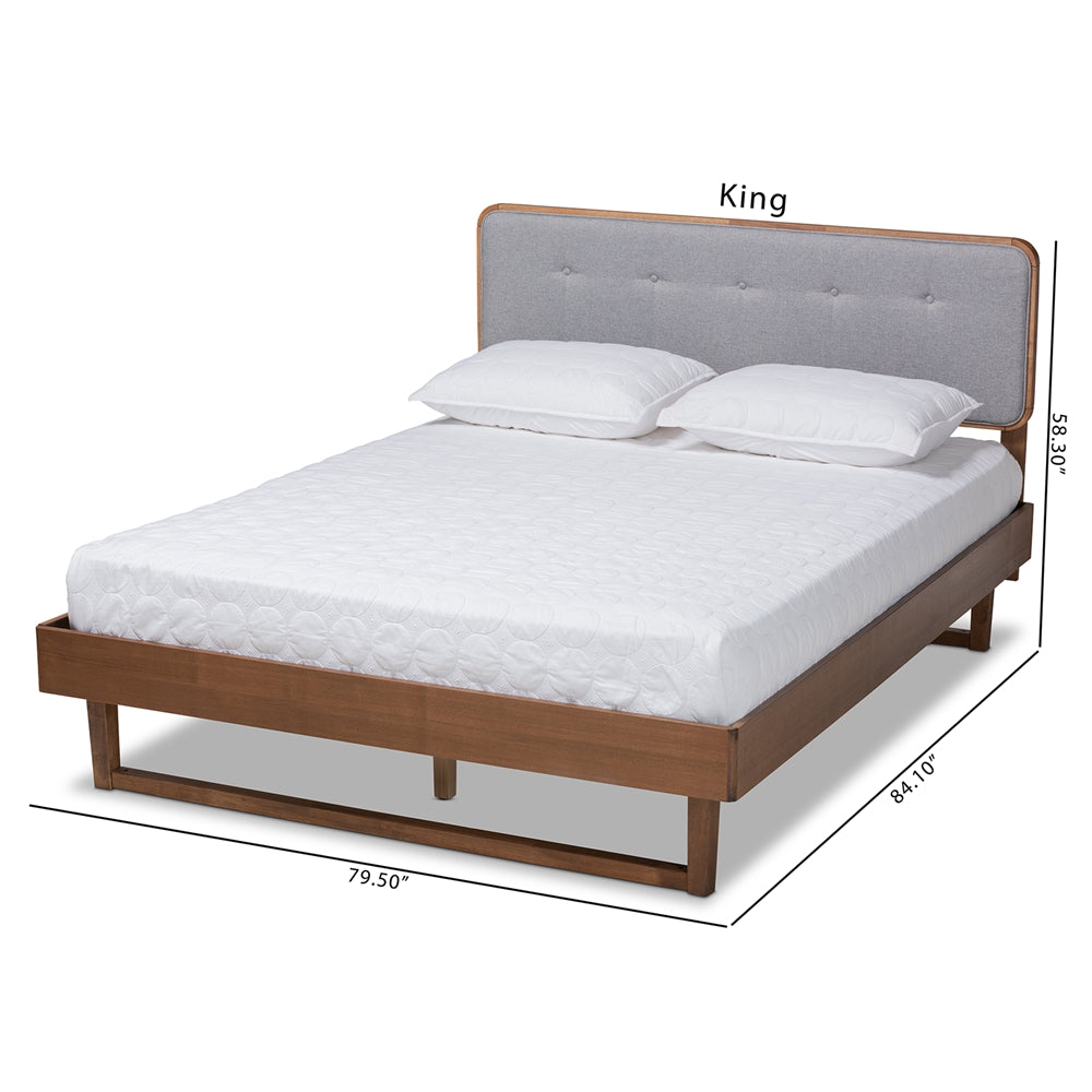 Natalia Bed King Size Light Grey Fabric & Ash Walnut Mid-Century Style