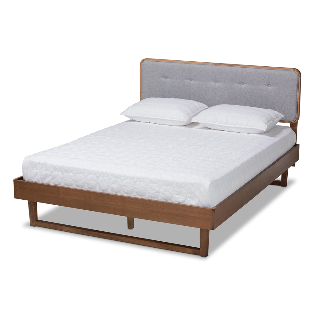 Natalia Bed King Size Light Grey Fabric & Ash Walnut Mid-Century Style