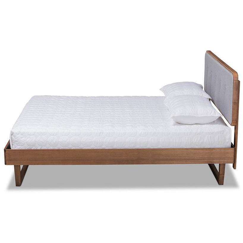 Natalia Bed King Size Light Grey Fabric & Ash Walnut Mid-Century Style