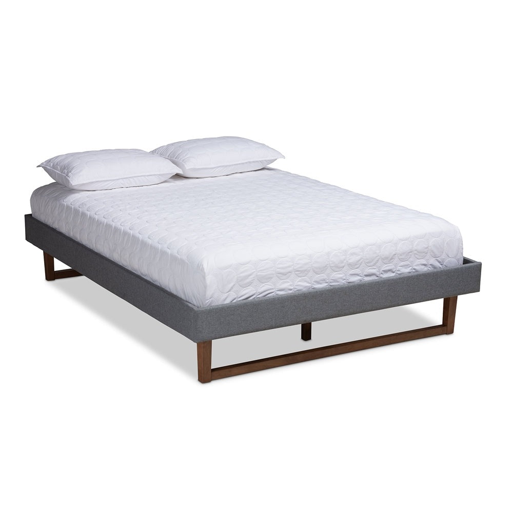 Liliya King Size Bed Mid-Century Dark Grey Fabric & Walnut Wood