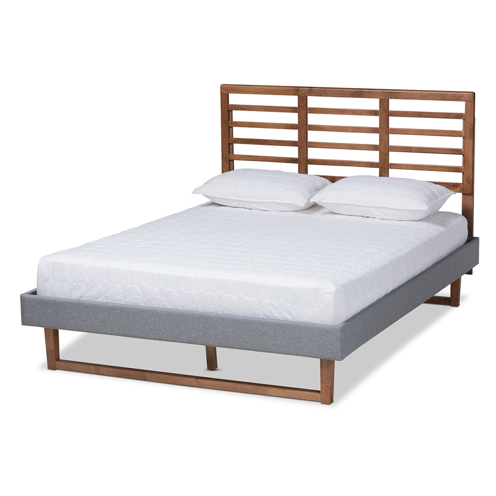 Rina Dark Grey Fabric and Ash Walnut Brown Finished Wood King Size Bed