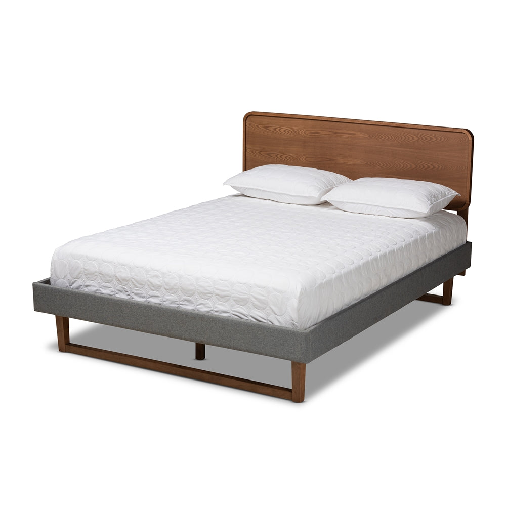 Ayla King Size Bed Dark Grey Fabric Walnut Finish Mid-Century Modern