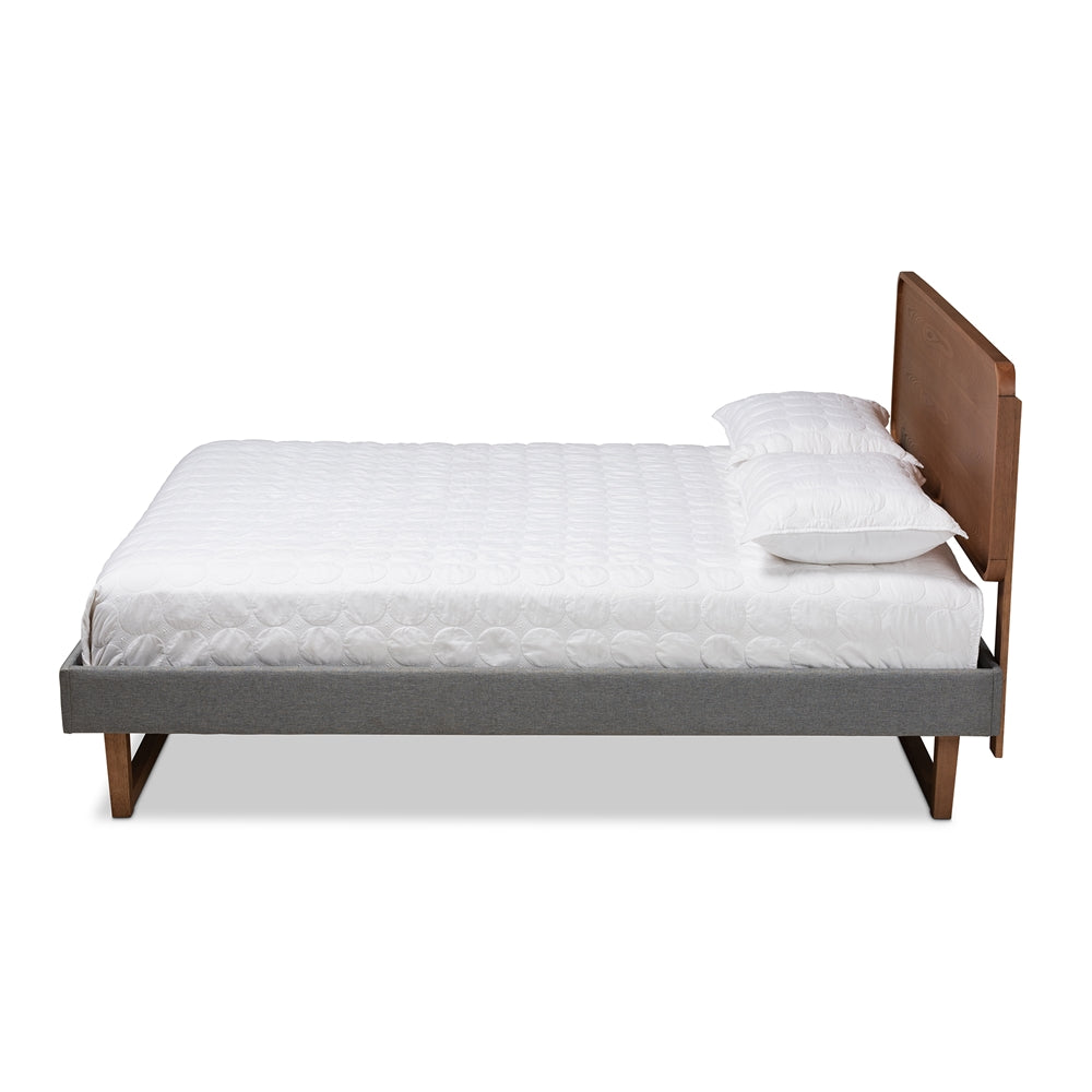 Ayla Queen Size Bed Dark Grey Upholstery Walnut Wood Mid-Century Style