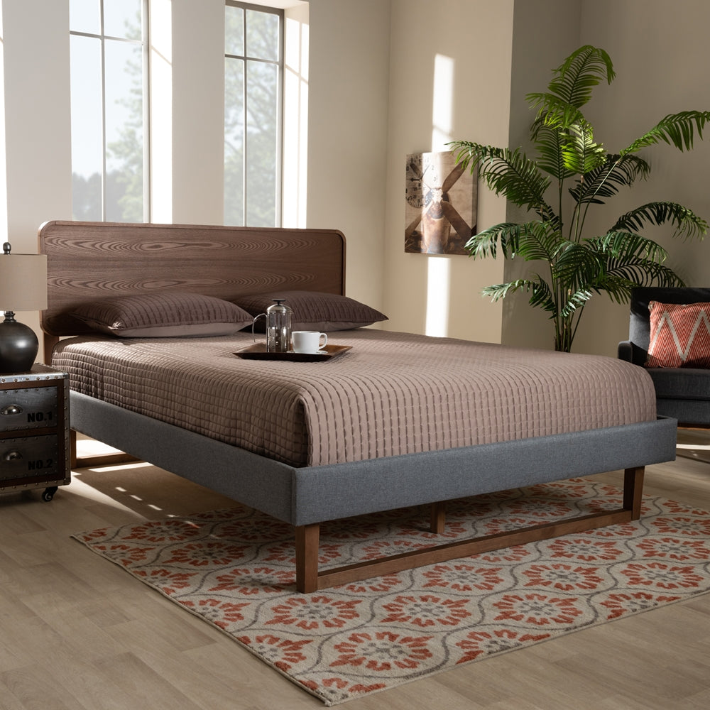 Ayla Full Bed Mid-Century Modern Dark Grey Fabric Walnut Finish