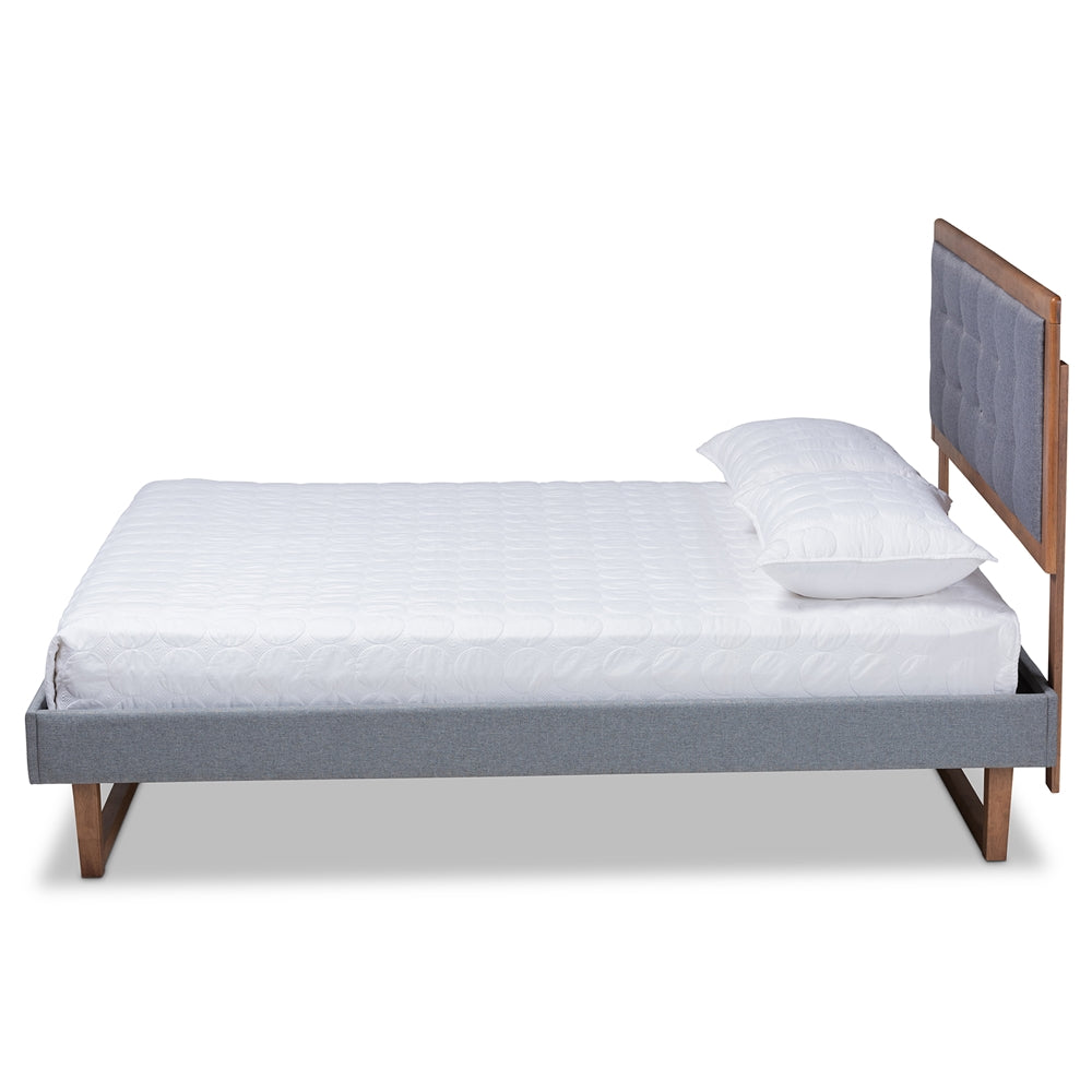 Emele Dark Grey Fabric and Ash Walnut Brown Finished Wood King Size Bed