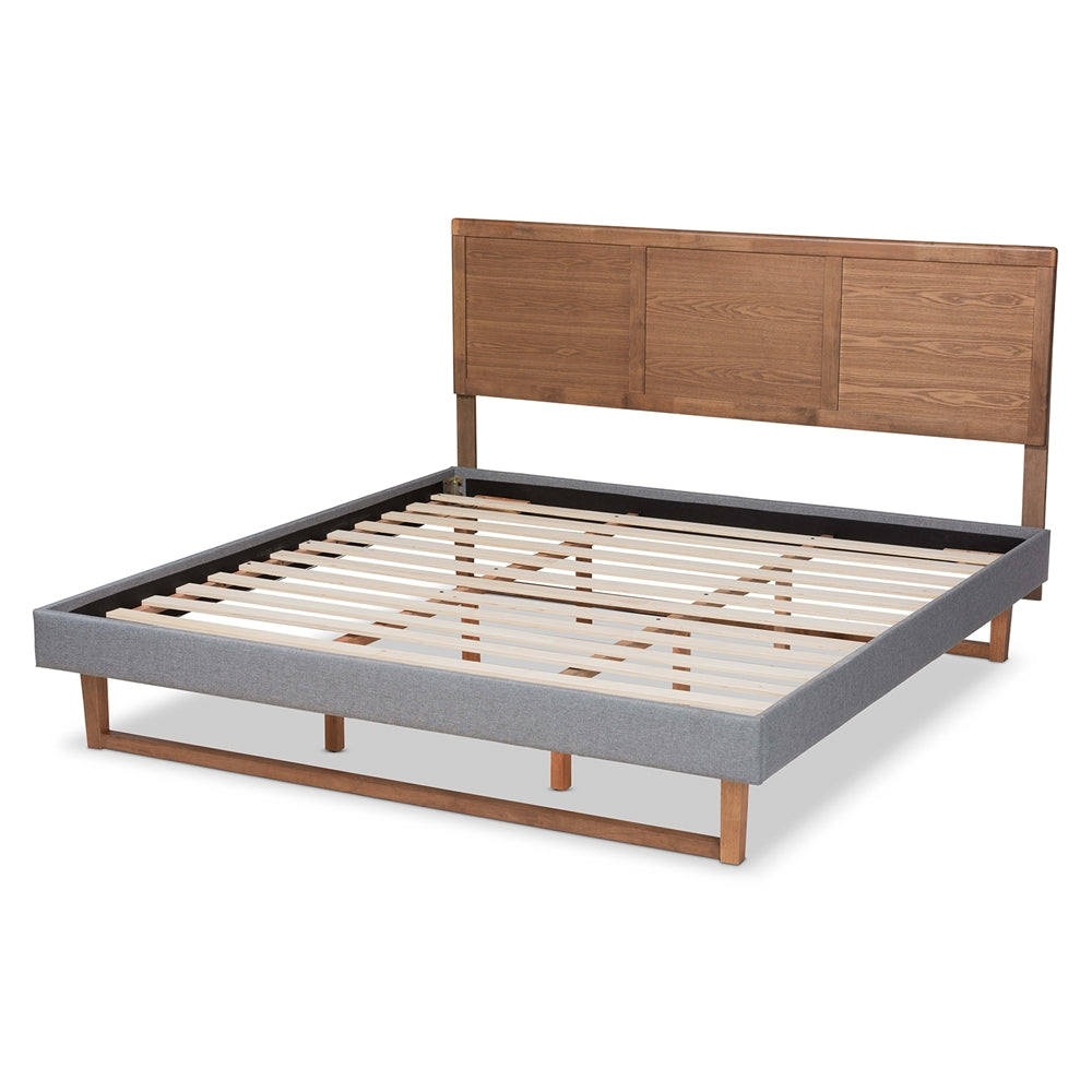 Allegra Dark Grey Fabric And Ash Walnut Brown Finish Wood King Size Bed