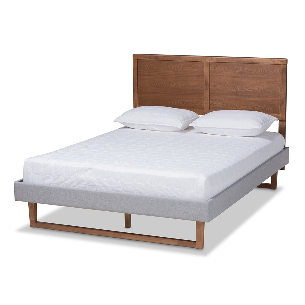 Eloise Light Grey Fabric and Ash Walnut Brown Finished Wood Queen Size Bed