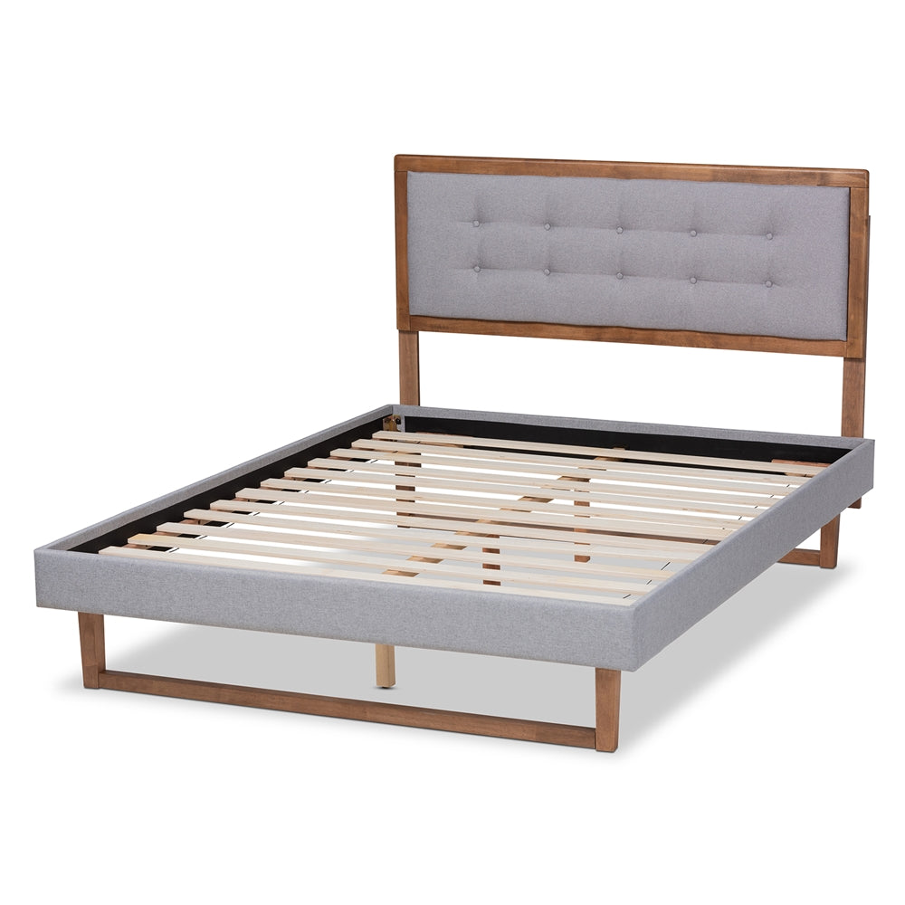 Livinia Light Grey Fabric and Ash Walnut Brown Finished Wood King Size Bed