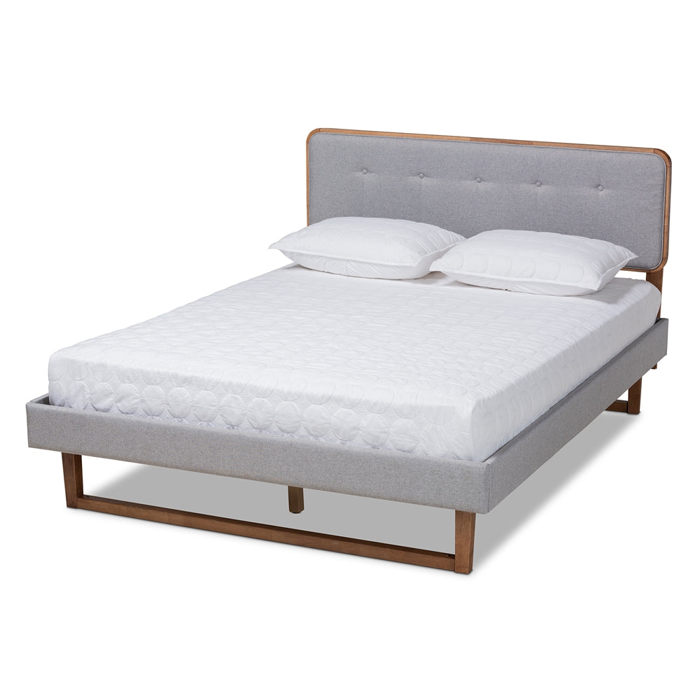 Sofia Bed Queen Platform in Light Grey Fabric and Ash Walnut Finish