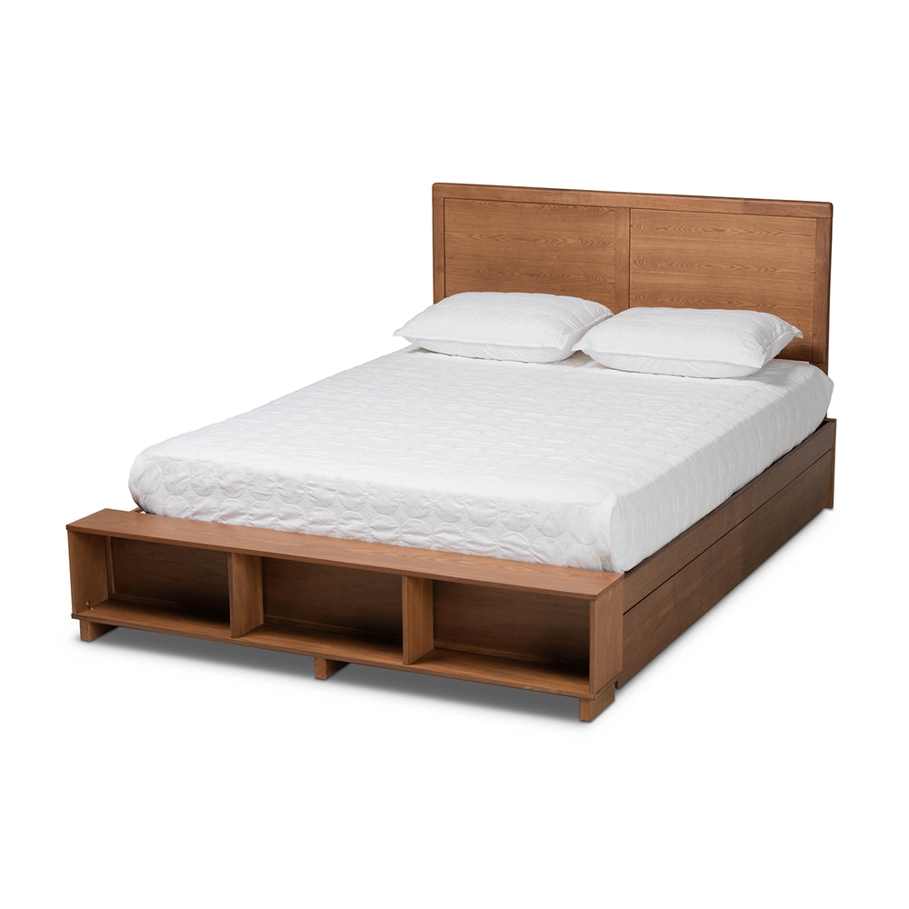 Tamsin Ash Walnut Brown Finished Queen Size 4-Dr Bed with Shelves