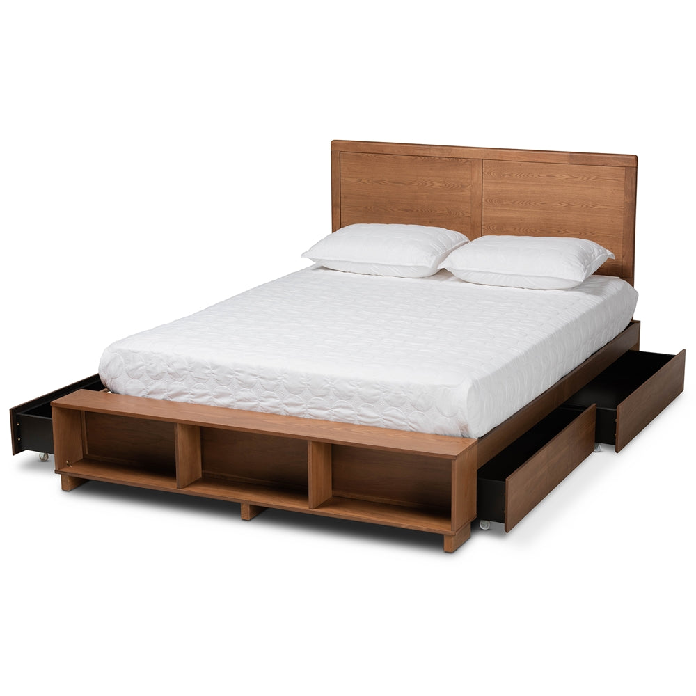 Tamsin Ash Walnut Brown Finished Queen Size 4-Dr Bed with Shelves