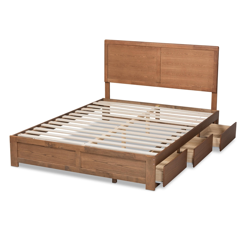 Aras Ash Walnut Brown Finished Wood Queen Size 3-Drawer Platform Storage Bed