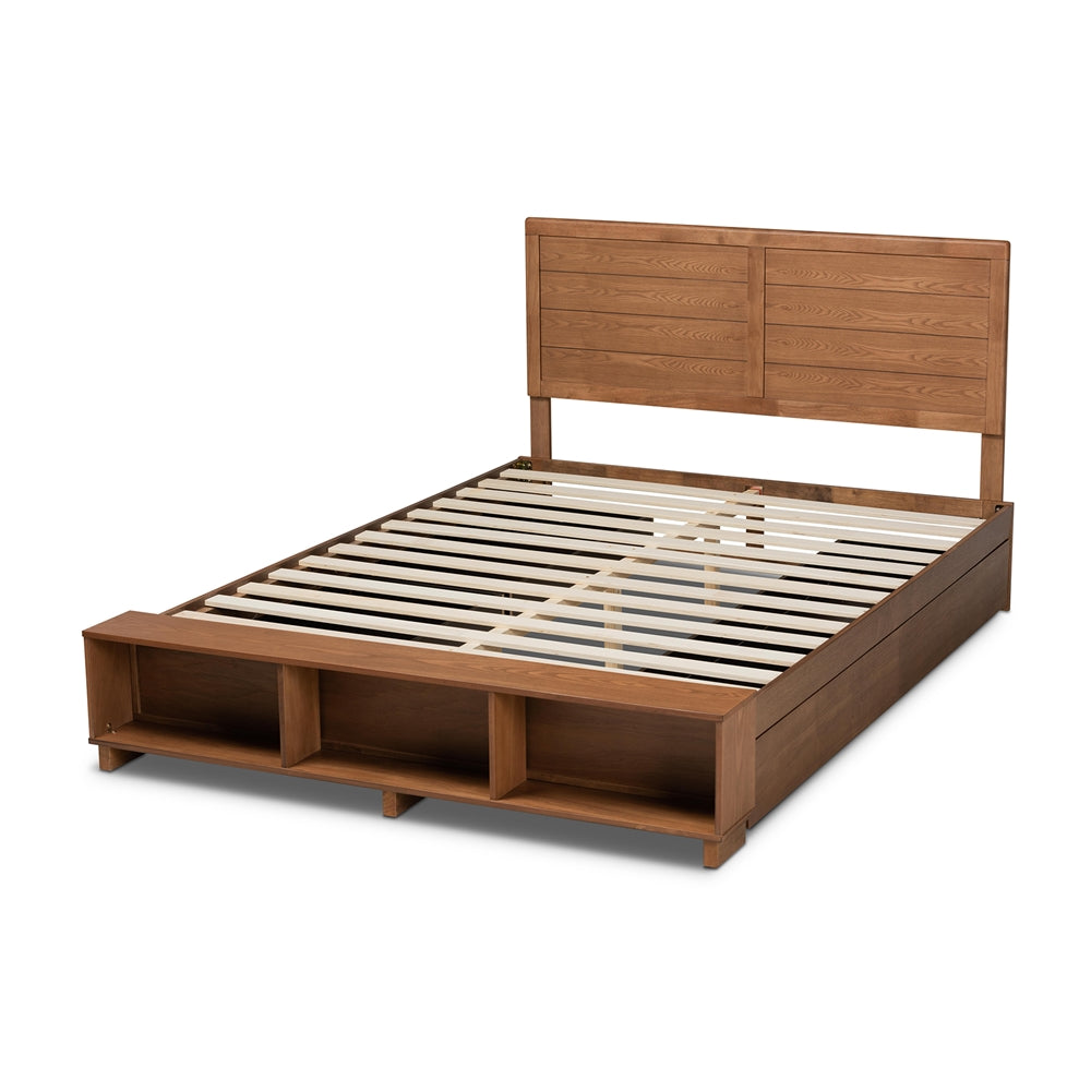 Alba Ash Walnut Brown Finished Queen Size 4-Drawer Bed with Shelves