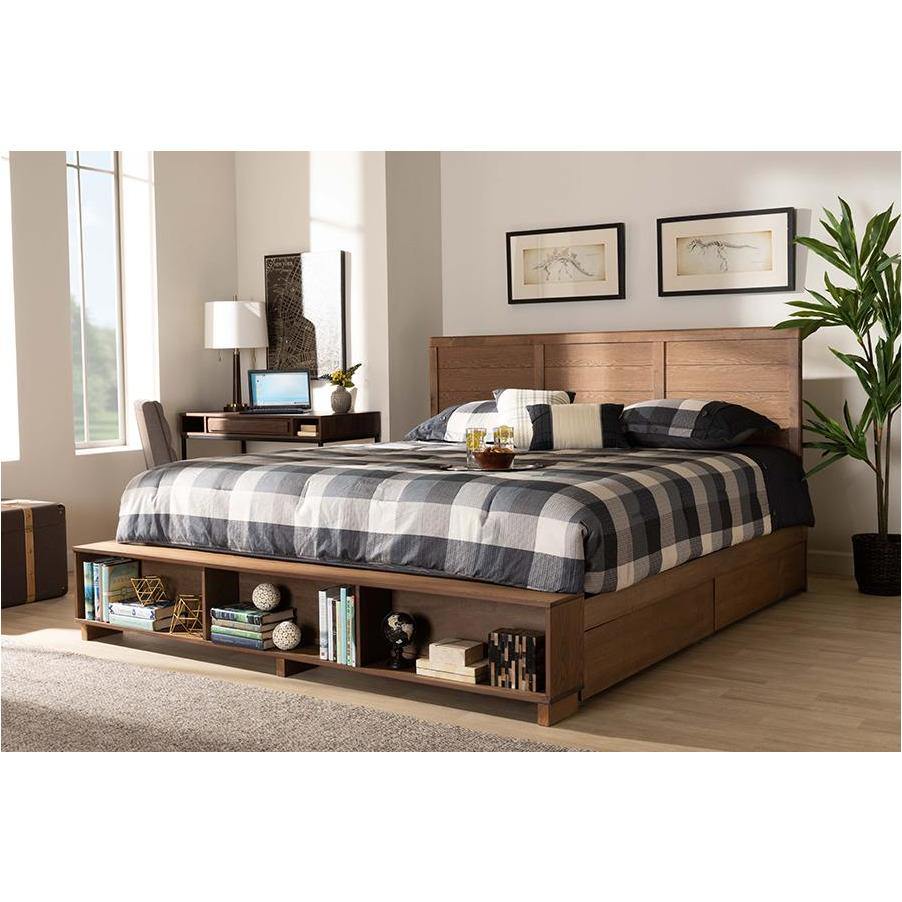 Alba King Bed Walnut Brown 4-Drawer Storage with Built-In Shelves