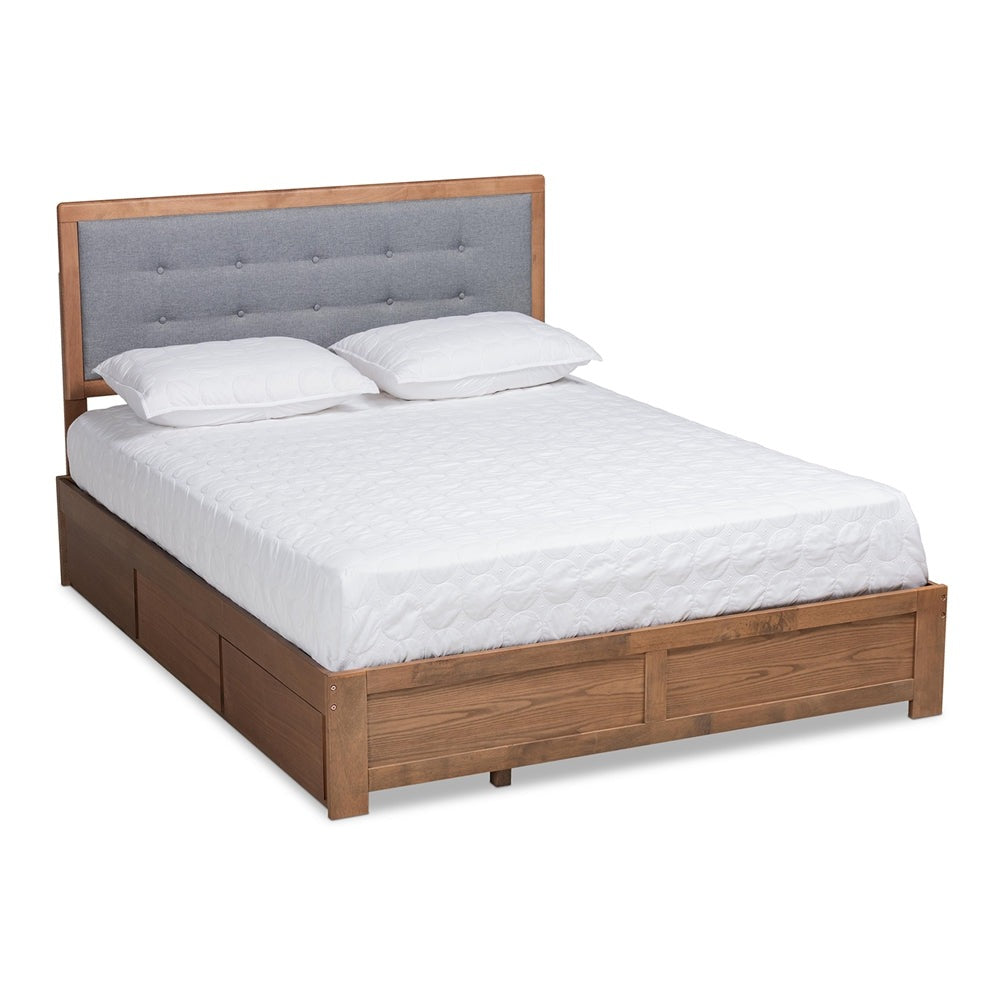 Lene Queen Bed Grey Fabric, Walnut Finish with 3-Drawer Storage