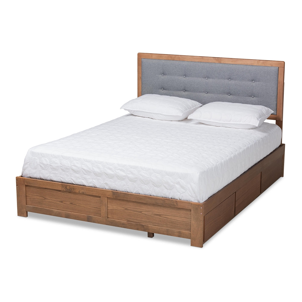 Lene King Bed Modern Grey Fabric Walnut Wood with 3-Drawer Storage