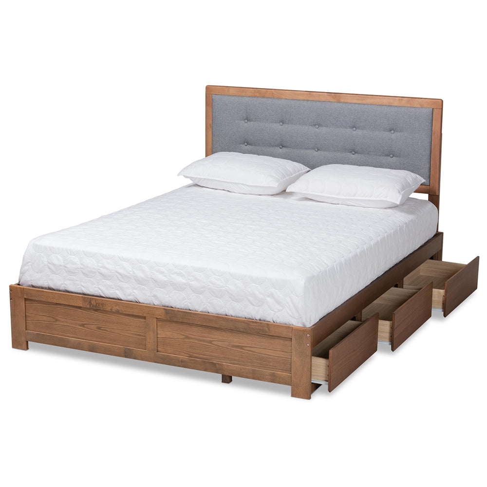 Lene King Bed Modern Grey Fabric Walnut Wood with 3-Drawer Storage