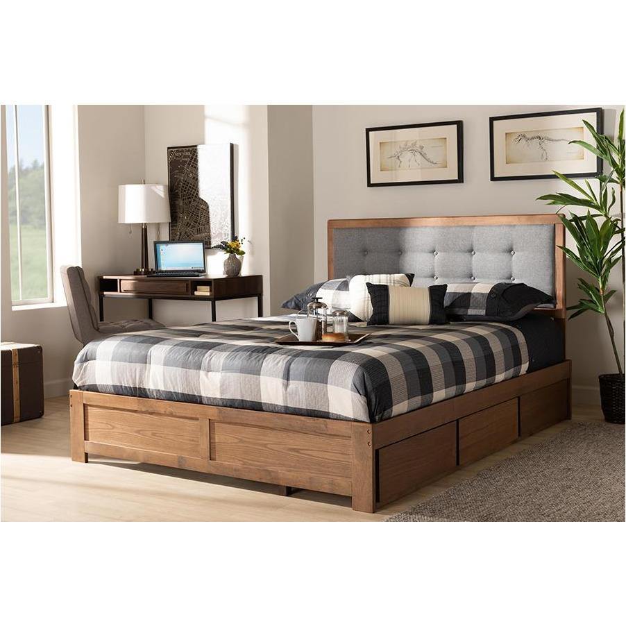 Lene Queen Bed Grey Fabric, Walnut Finish with 3-Drawer Storage