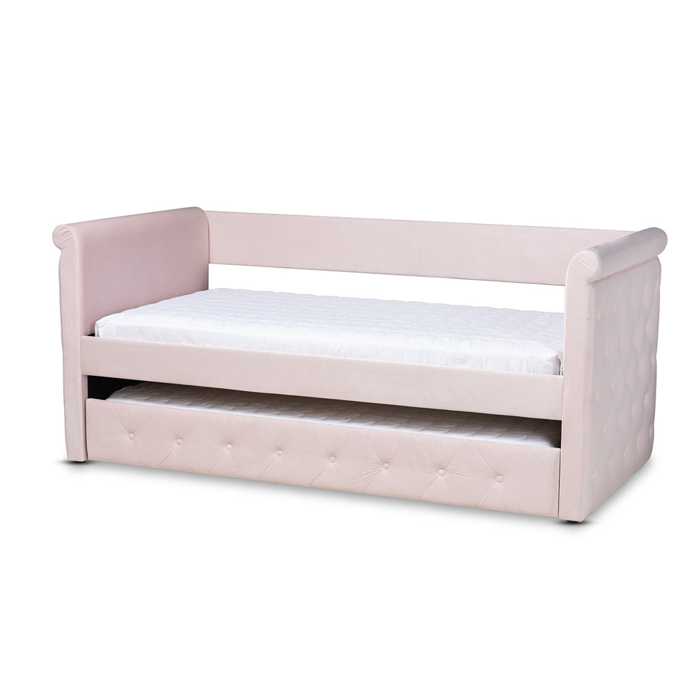 Amaya Light Pink Velvet Fabric Upholstered Twin Size Daybed With Trundle