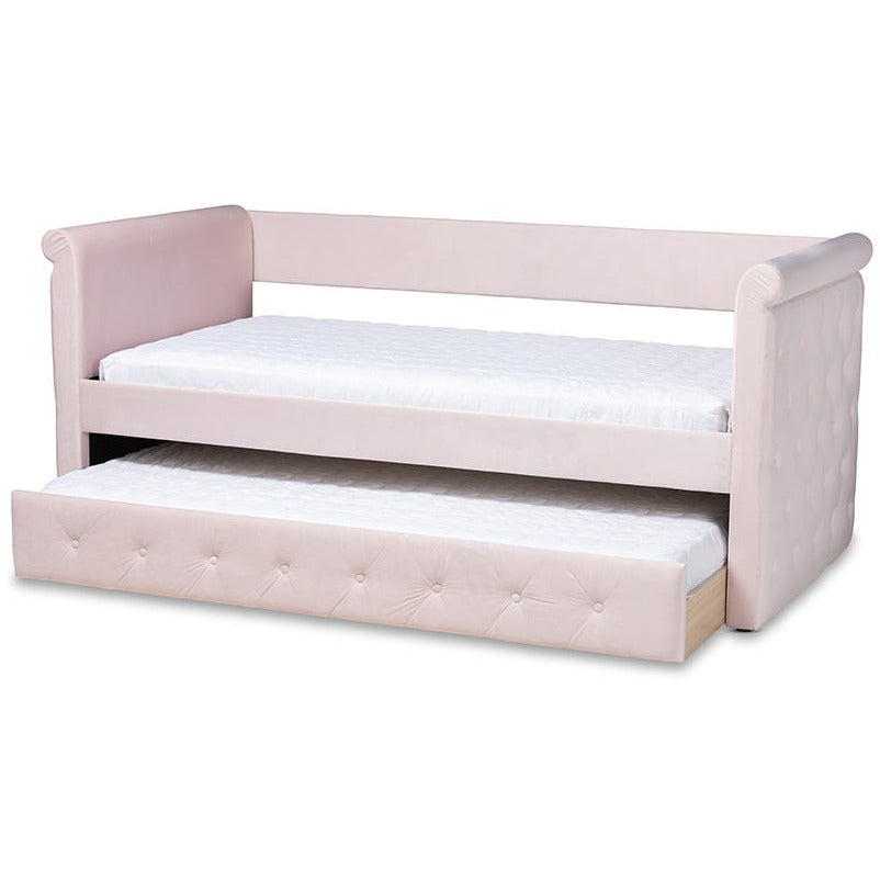 Amaya Light Pink Velvet Fabric Upholstered Twin Size Daybed With Trundle