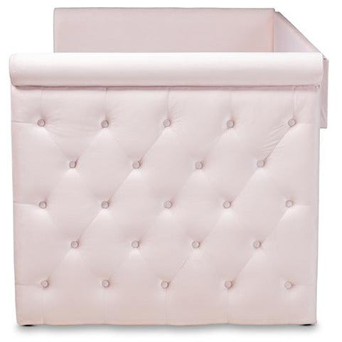 Amaya Light Pink Velvet Fabric Upholstered Twin Size Daybed With Trundle