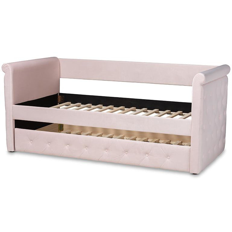 Amaya Light Pink Velvet Fabric Upholstered Twin Size Daybed With Trundle