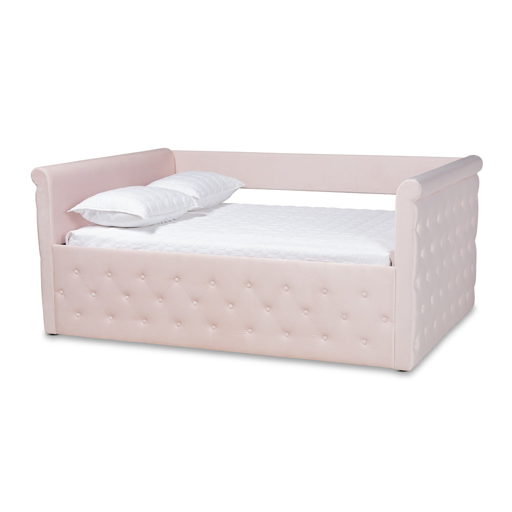 Amaya Light Pink Velvet Fabric Upholstered Full Size Daybed