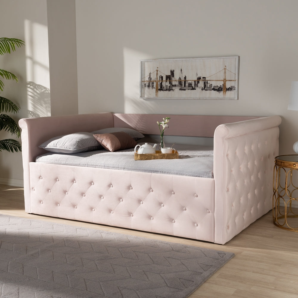 Amaya Light Pink Velvet Fabric Upholstered Full Size Daybed