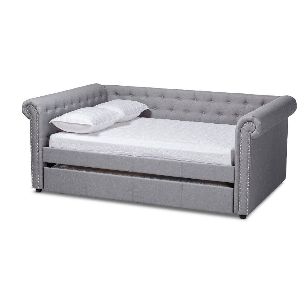 Mabelle Grey Fabric Upholstered Queen Size Daybed with Trundle