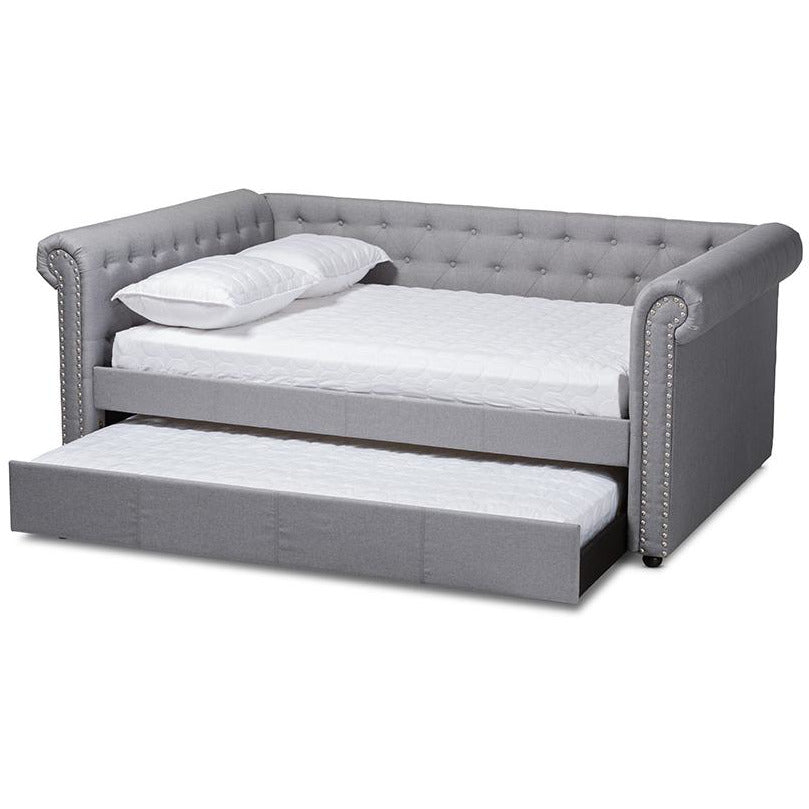 Mabelle Grey Fabric Upholstered Queen Size Daybed with Trundle