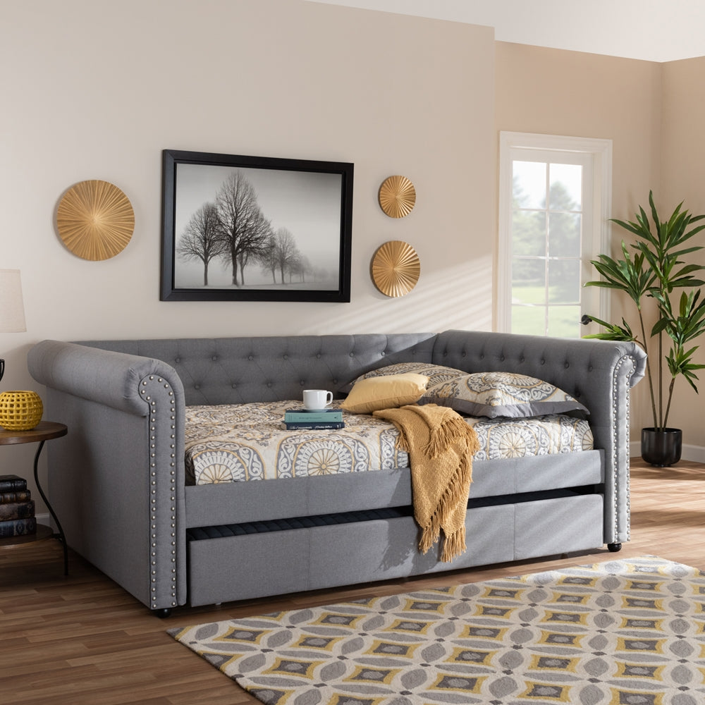 Mabelle Gray Fabric Upholstered Queen Size Daybed with Trundle