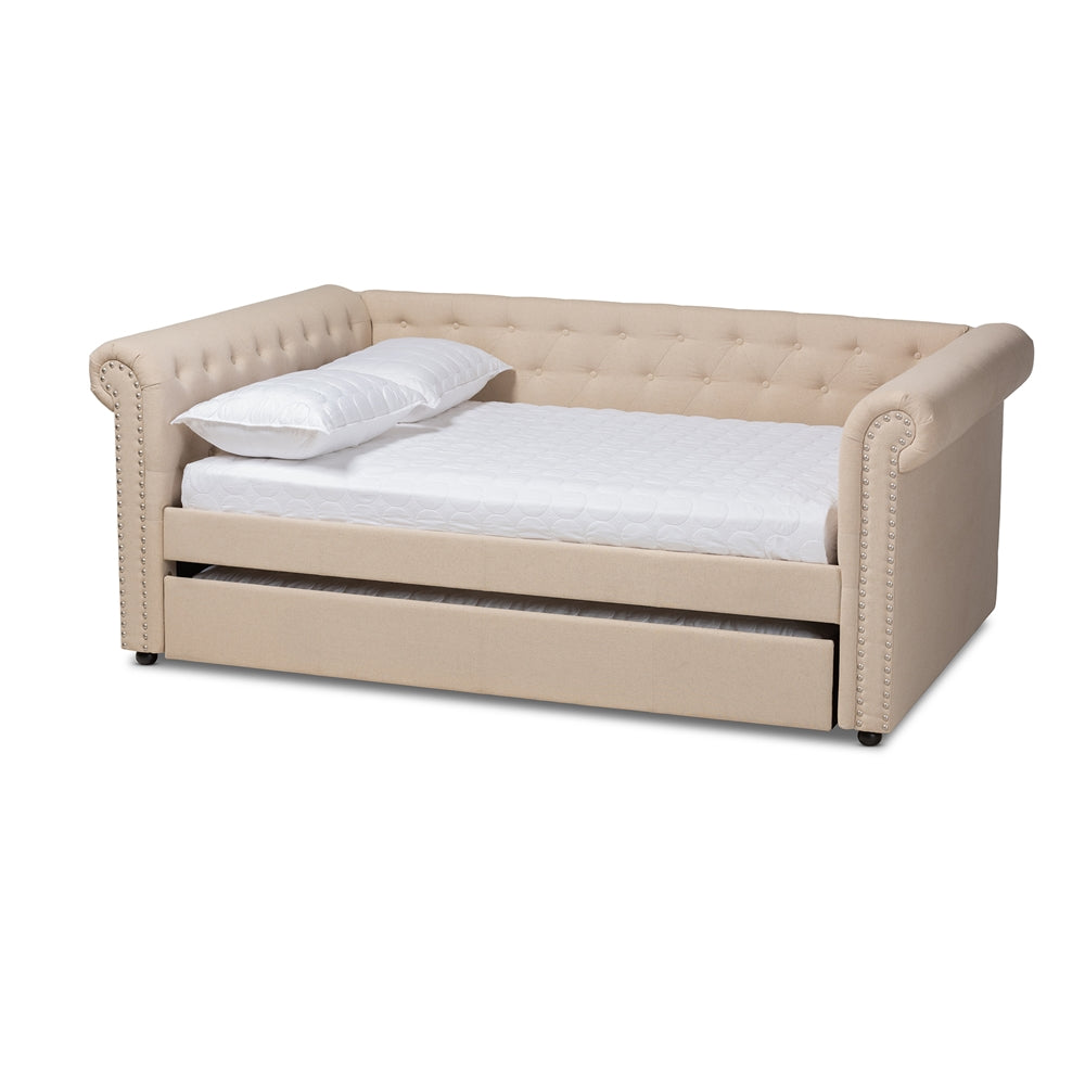 Mabelle Beige Fabric Upholstered Full Size Daybed with Trundle