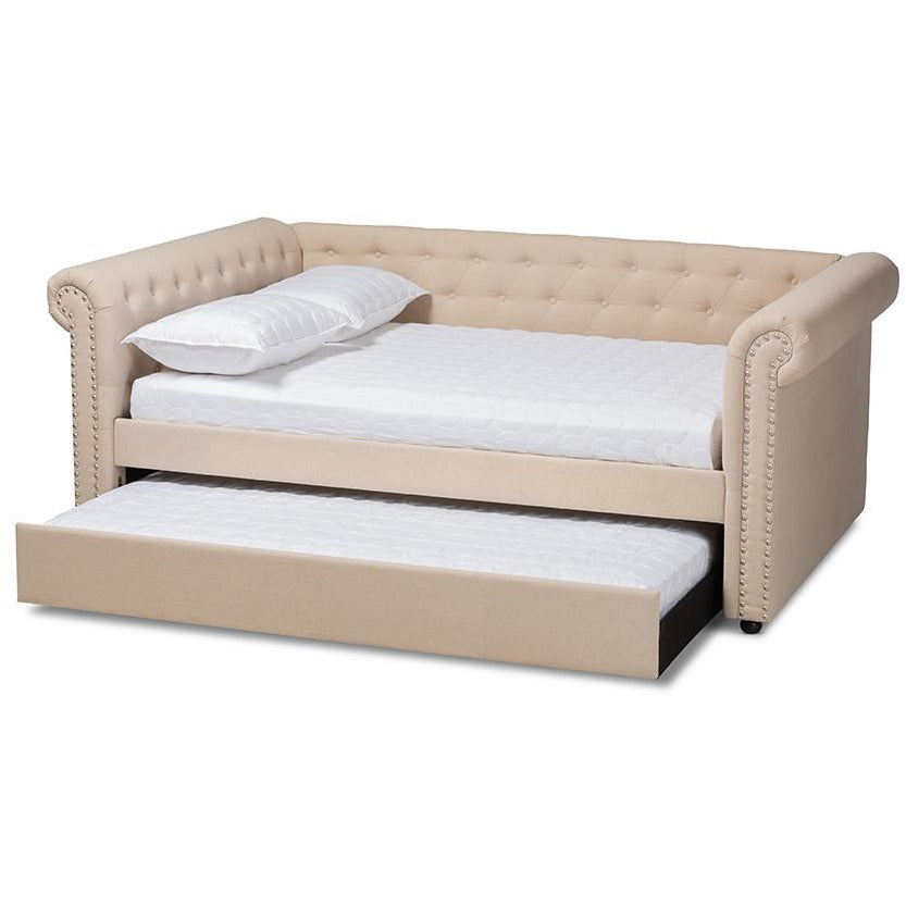 Mabelle Beige Fabric Upholstered Full Size Daybed with Trundle