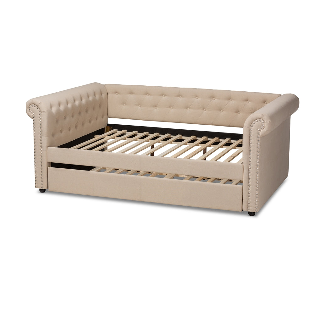 Mabelle Beige Fabric Upholstered Full Size Daybed with Trundle