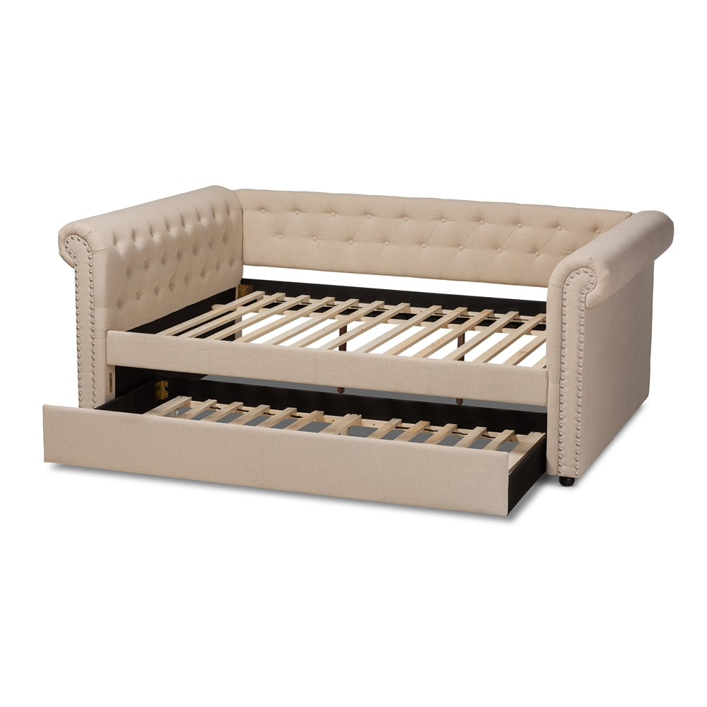 Mabelle Beige Fabric Upholstered Full Size Daybed with Trundle