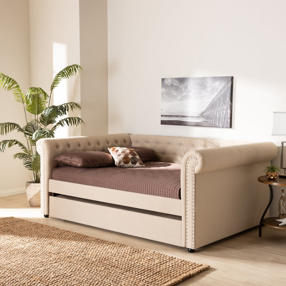 Mabelle Beige Fabric Upholstered Full Size Daybed with Trundle