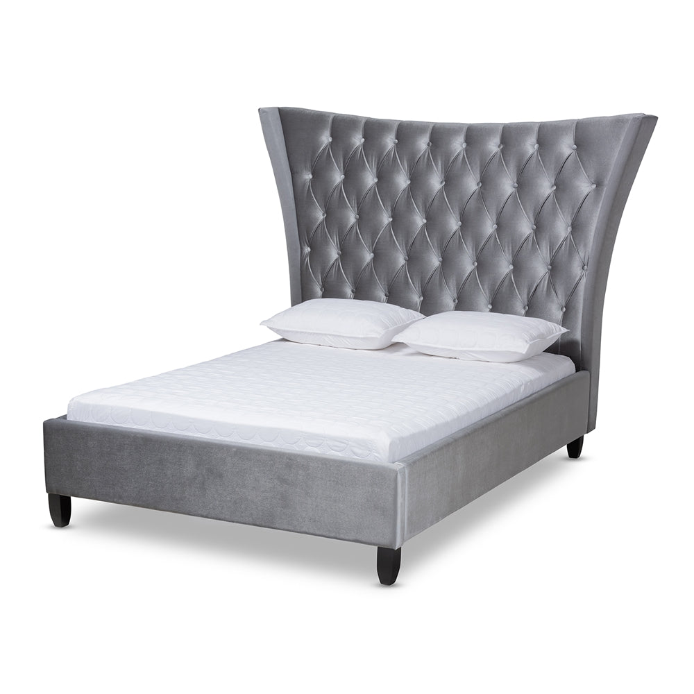 Viola King Bed Grey Velvet Tufted Wingback Headboard Glam Luxe Style