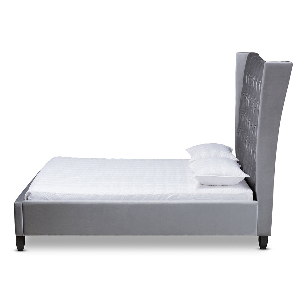 Viola Queen Bed Grey Velvet Tufted Tall Wingback Luxe Glam Style