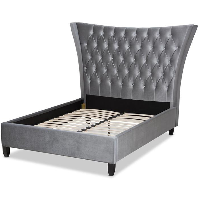 Viola Queen Bed Grey Velvet Tufted Tall Wingback Luxe Glam Style