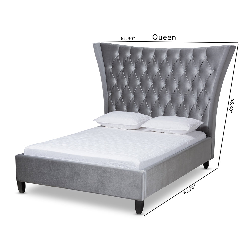 Viola Queen Bed Grey Velvet Tufted Tall Wingback Luxe Glam Style