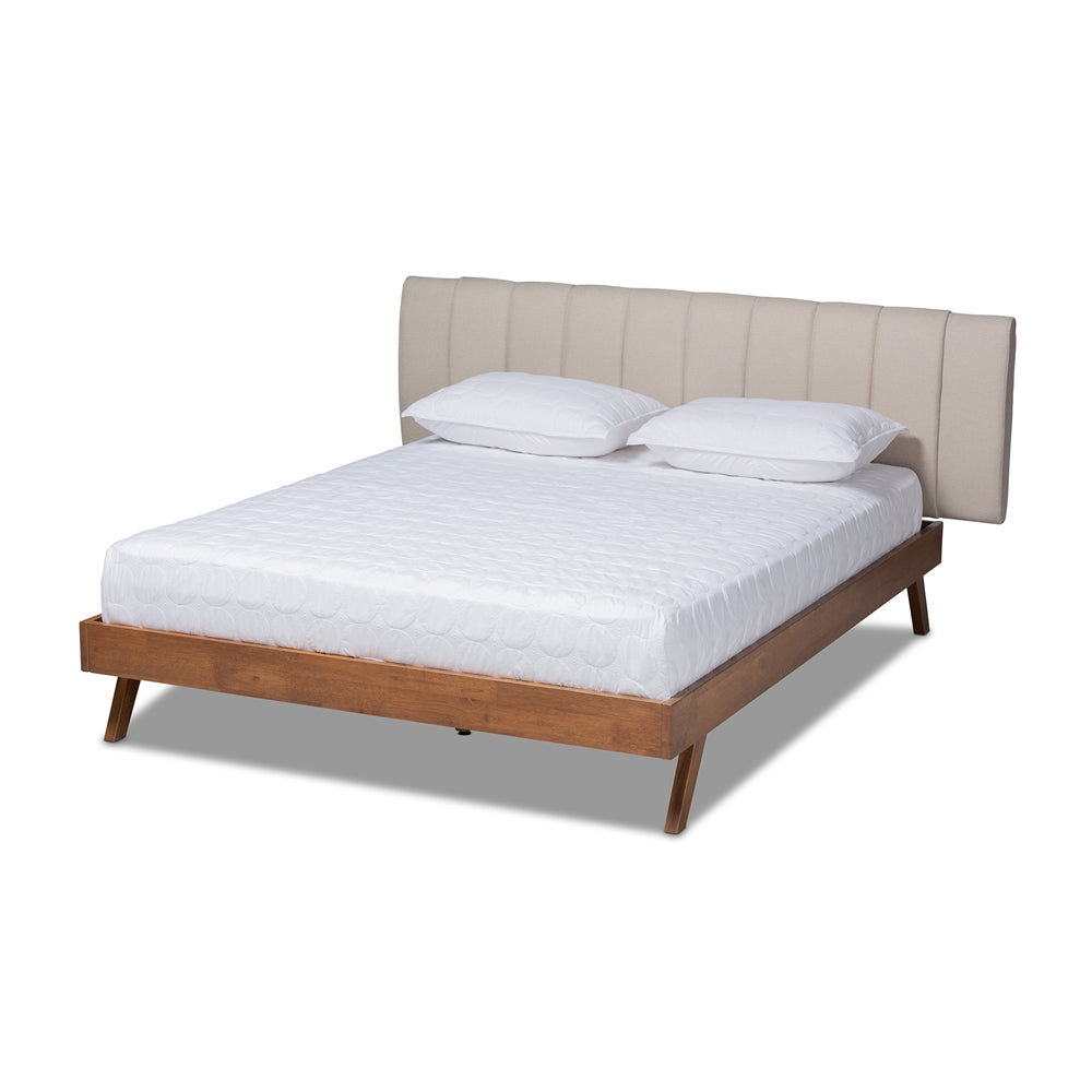 Brita Light Beige Fabric Upholstered Walnut Finished Wood King Size Bed